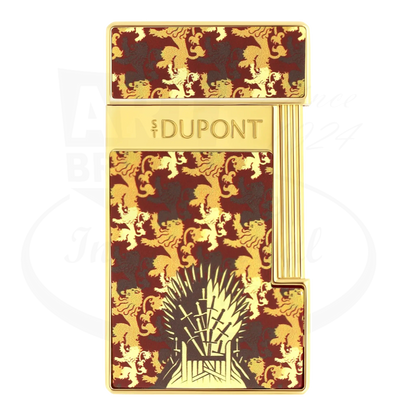 S.T. Dupont x Game of Thrones Slimmy torch lighter with red and gold lion motif, iron throne, and gold finish, seen from the front.