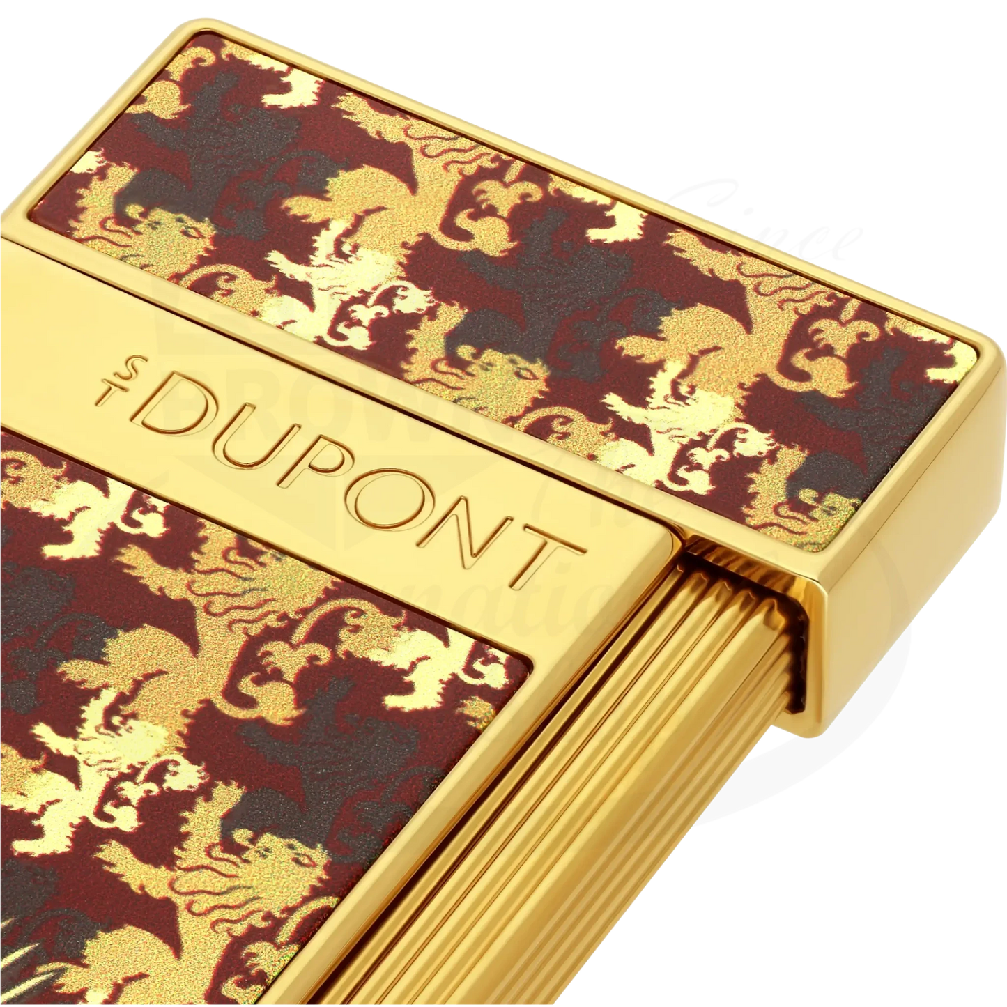 Close up of S.T. Dupont x Game of Thrones Slimmy torch lighter with red & gold lion motif.