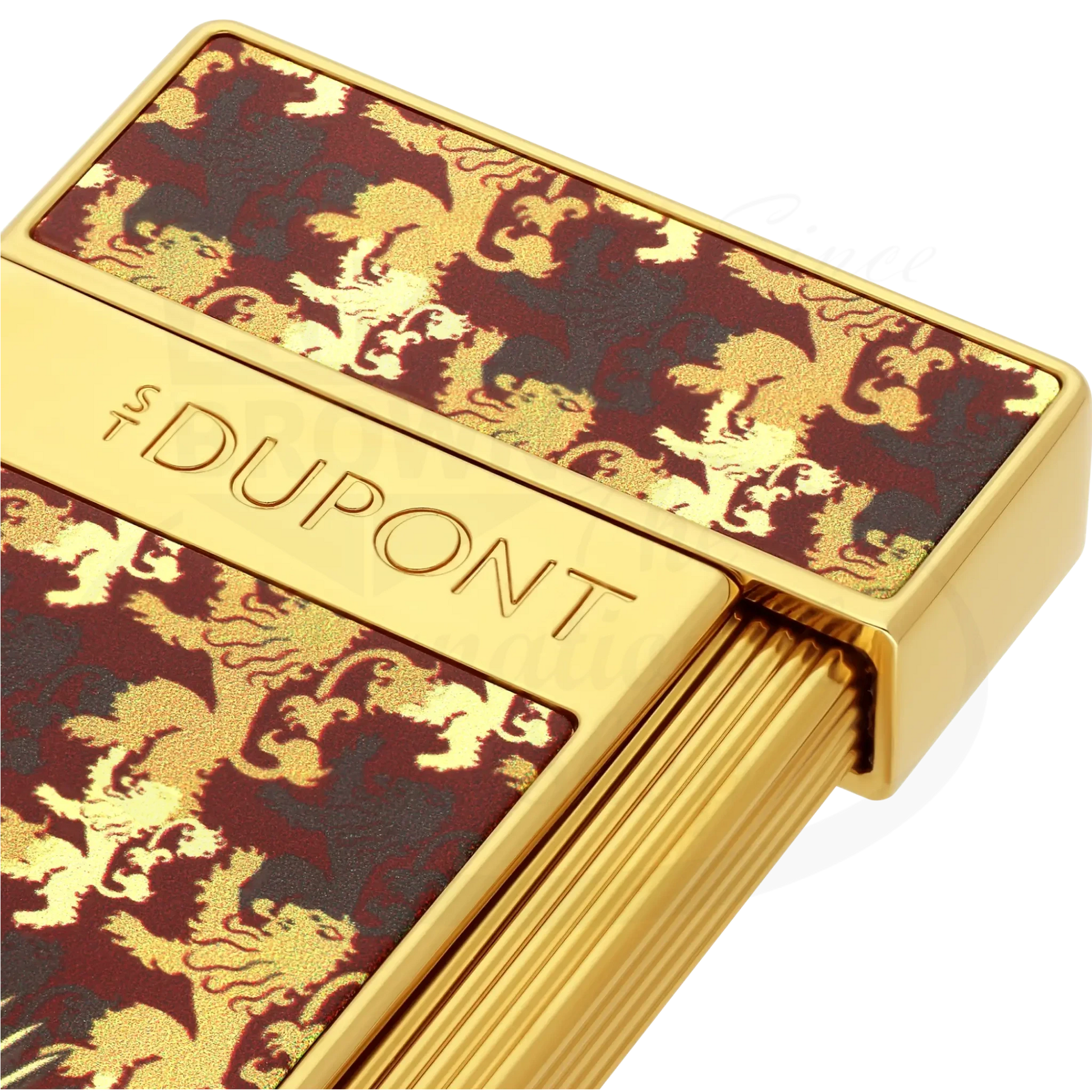 Close up of S.T. Dupont x Game of Thrones Slimmy torch lighter with red & gold lion motif.