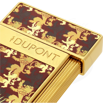 Close up of S.T. Dupont x Game of Thrones Slimmy torch lighter with red & gold lion motif.