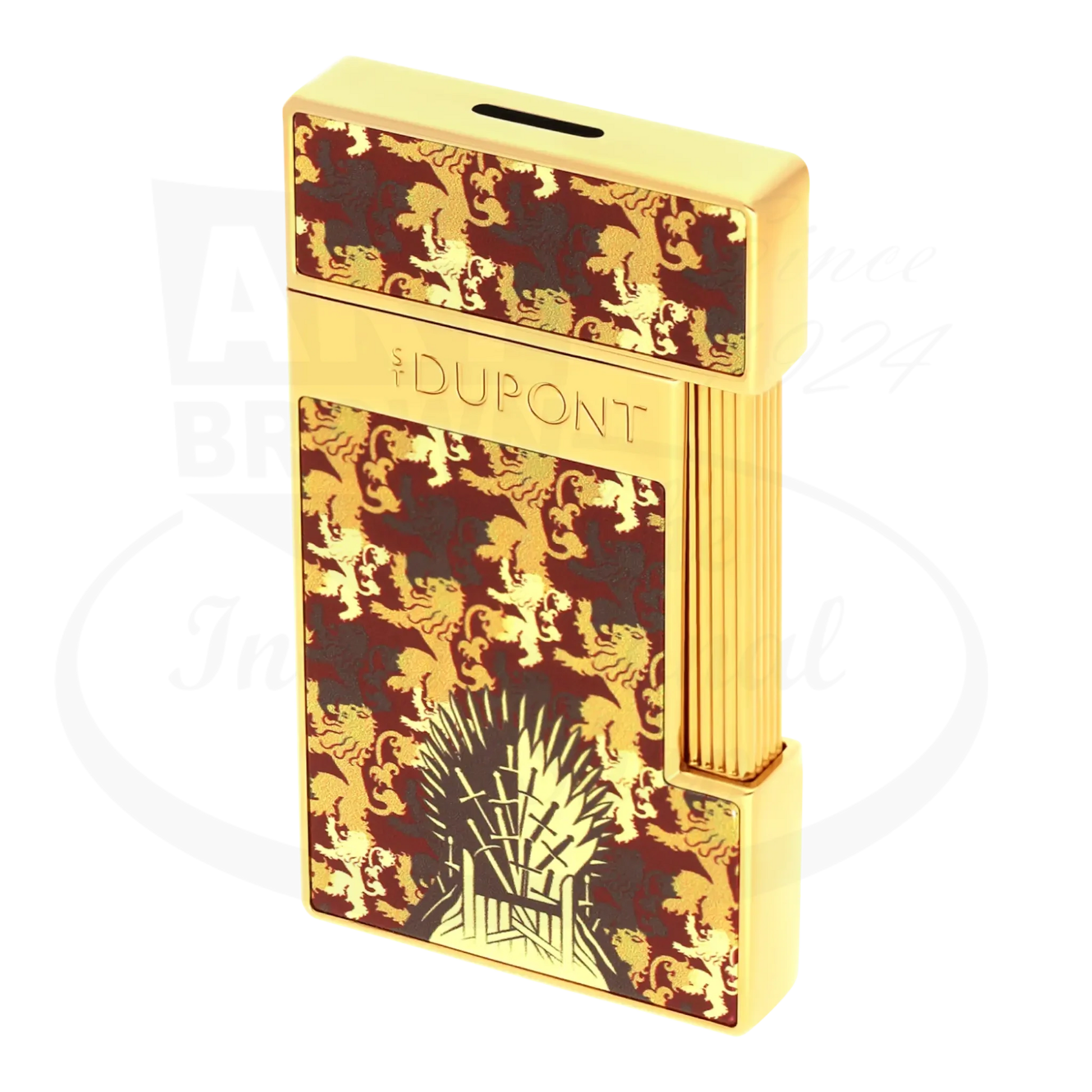 S.T. Dupont x Game of Thrones Slimmy torch lighter with red & gold lion motif, iron throne, and gold finish, seen from an angle.