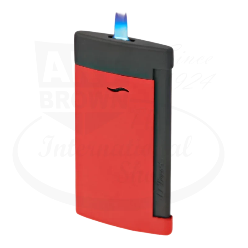 S.T. Dupont Slim 7 matte red torch lighter with flame lit.