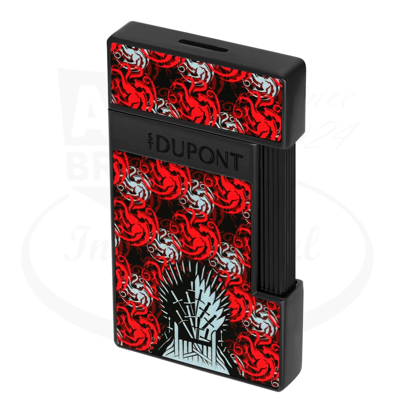 S.T. Dupont x Game of Thrones Slimmy torch lighter with red and white dragon motif, iron throne, and black finish, seen from an angle.