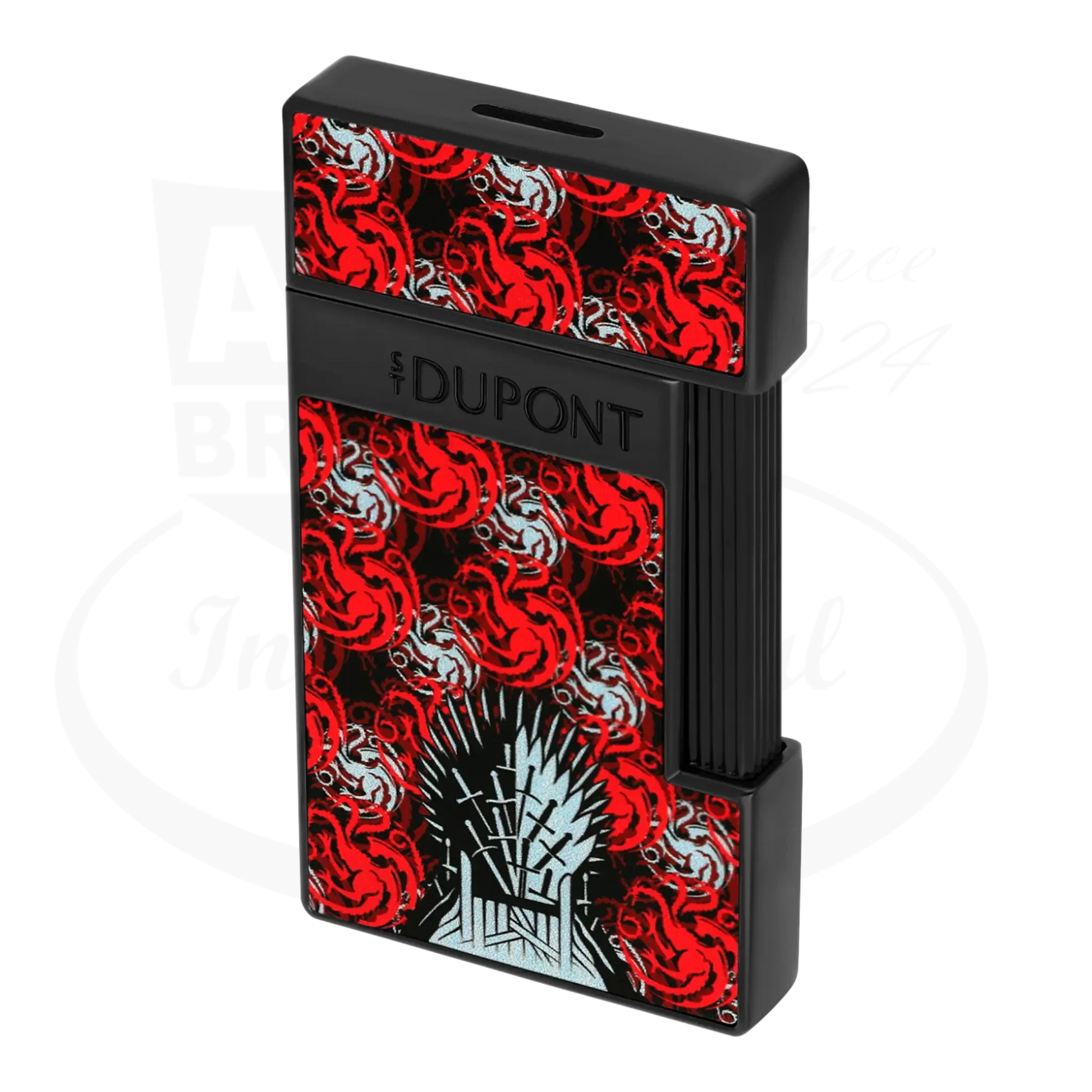 S.T. Dupont x Game of Thrones Slimmy torch lighter with red and white dragon motif, iron throne, and black finish, seen from an angle.