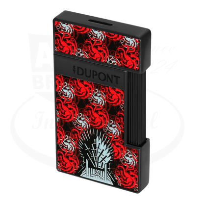 S.T. Dupont x Game of Thrones Slimmy torch lighter with red and white dragon motif, iron throne, and black finish, seen from an angle.