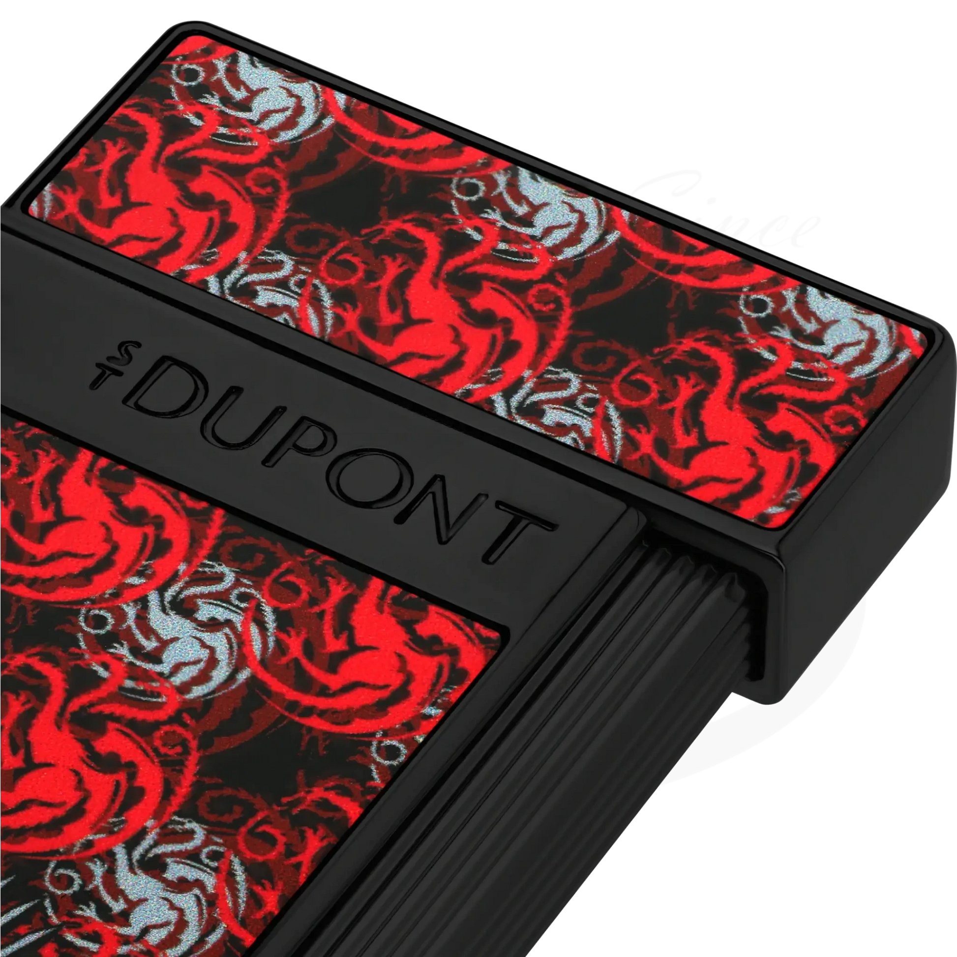 Close up of S.T. Dupont x Game of Thrones Slimmy torch lighter with red and white dragon motif.