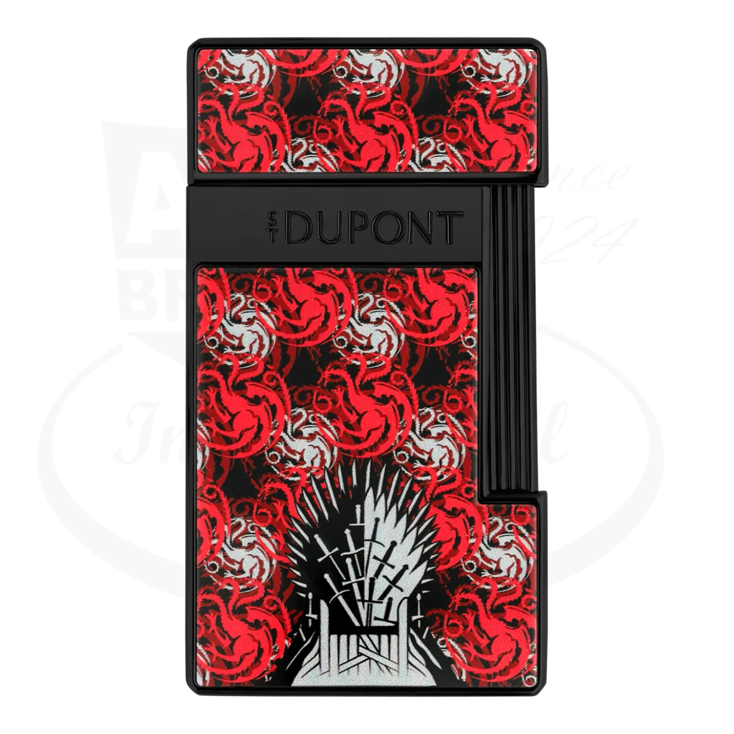 S.T. Dupont x Game of Thrones Slimmy torch lighter with red and white dragon motif, iron throne, and black finish, seen from the front.