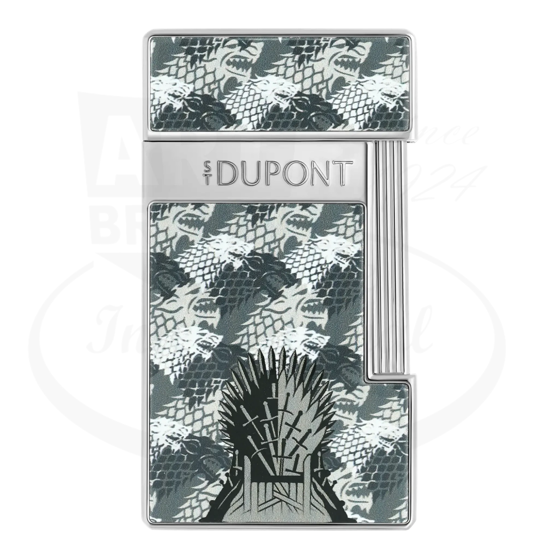 S.T. Dupont x Game of Thrones Slimmy torch lighter with grey and white wolf motif, iron throne, and silver finish, seen from the front.