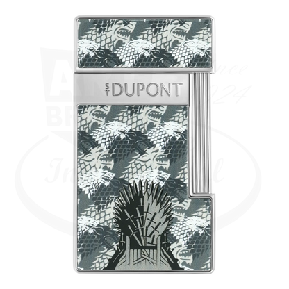 S.T. Dupont x Game of Thrones Slimmy torch lighter with grey and white wolf motif, iron throne, and silver finish, seen from the front.