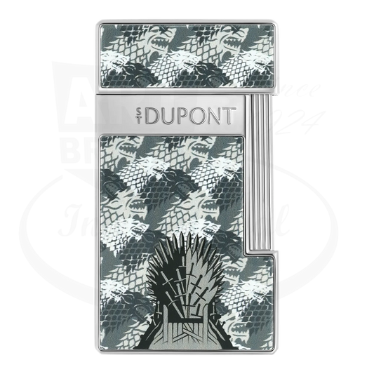 S.T. Dupont x Game of Thrones Slimmy torch lighter with grey and white wolf motif, iron throne, and silver finish, seen from the front.