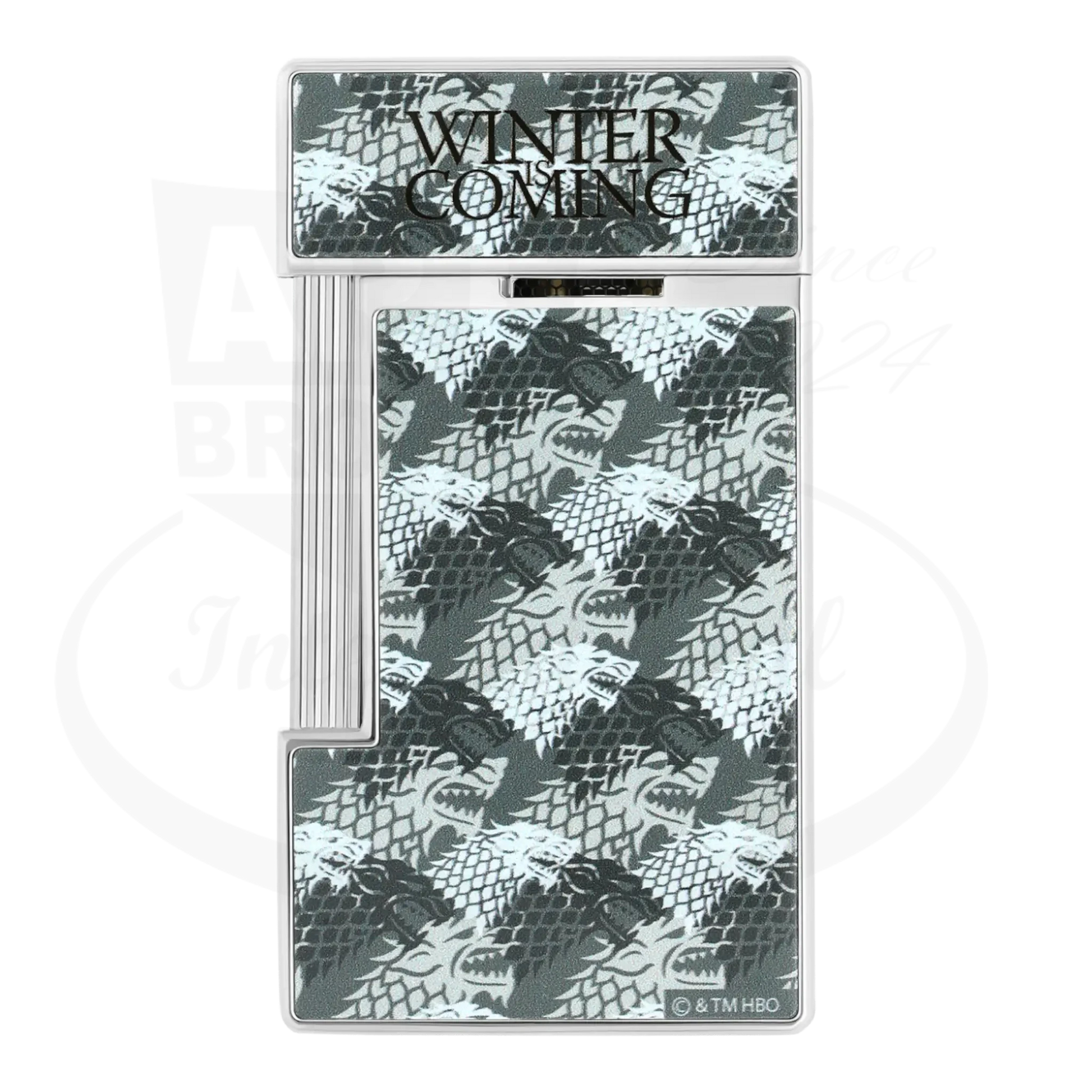 S.T. Dupont x Game of Thrones Slimmy torch lighter with grey and white wolf motif and silver finish, seen from the back.