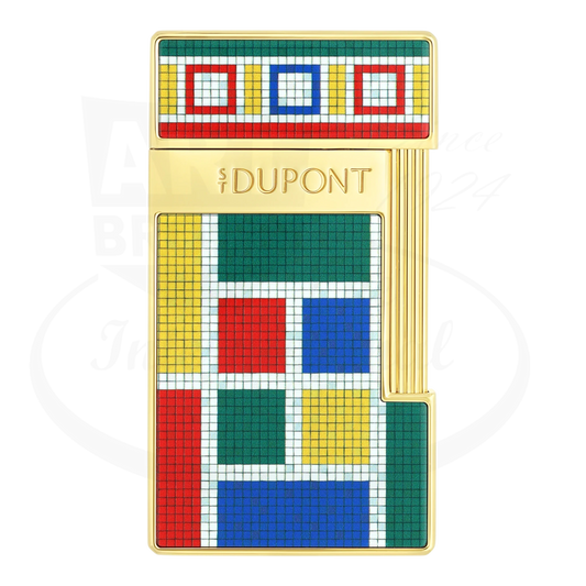 S.T. Dupont x Casablanca gold slimmy torch lighter, seen from the front showcasing S.T. Dupont branding and multicolored mosaic motif.