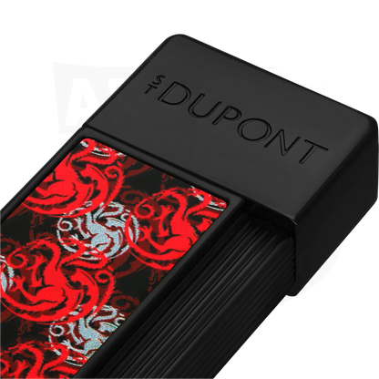 Close up of S.T. Dupont x Game of Thrones Twiggy torch lighter with red and white dragon motif.