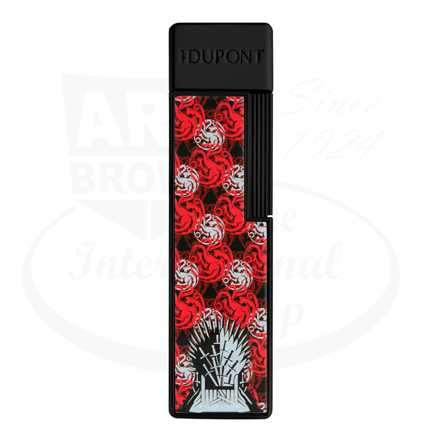 S.T. Dupont x Game of Thrones Twiggy torch lighter with red and white dragon motif, iron throne, and black finish, seen from the front.