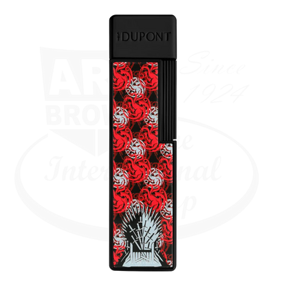 S.T. Dupont x Game of Thrones Twiggy torch lighter with red and white dragon motif, iron throne, and black finish, seen from the front.