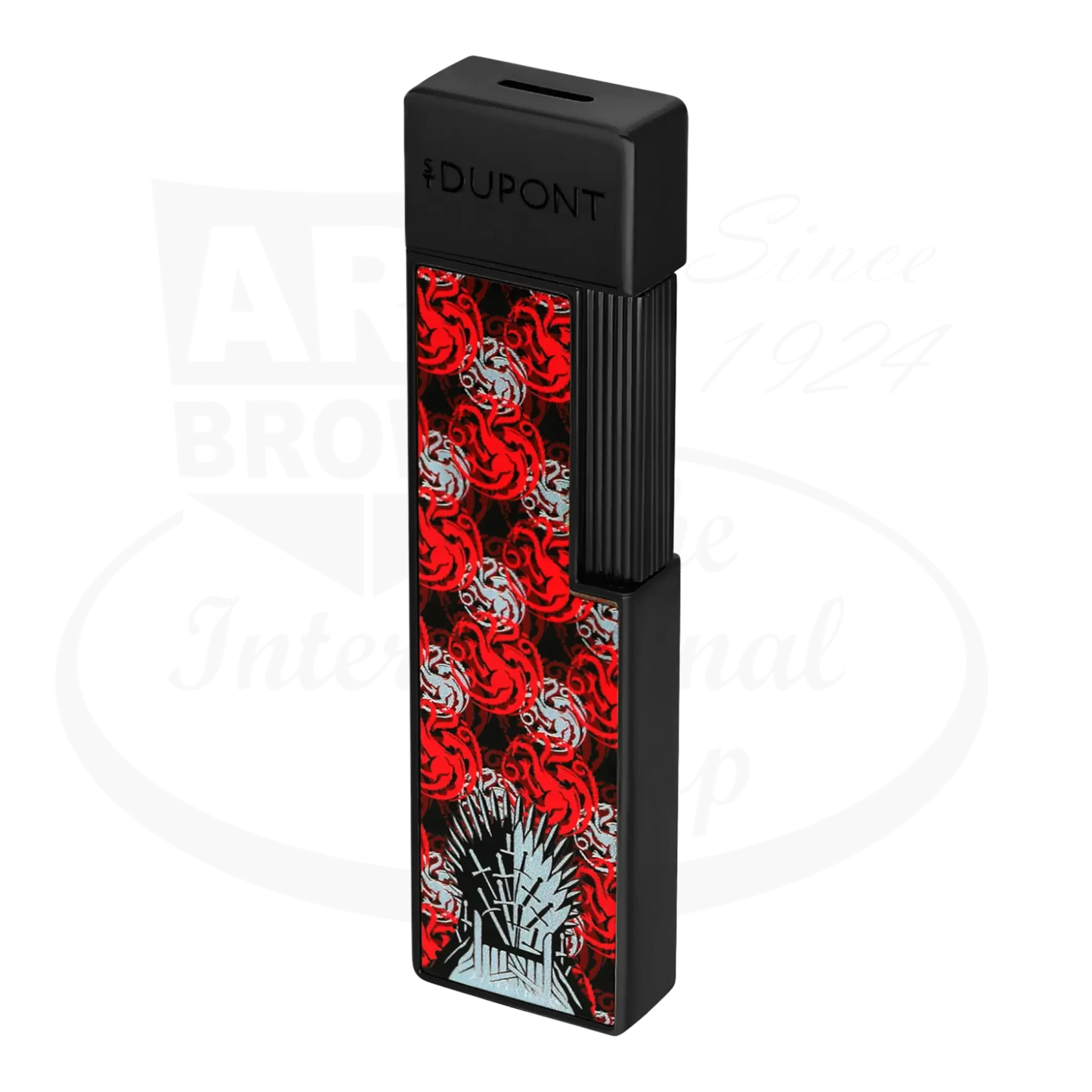 S.T. Dupont x Game of Thrones Twiggy torch lighter with red and white dragon motif, iron throne, and black finish, seen from an angle.