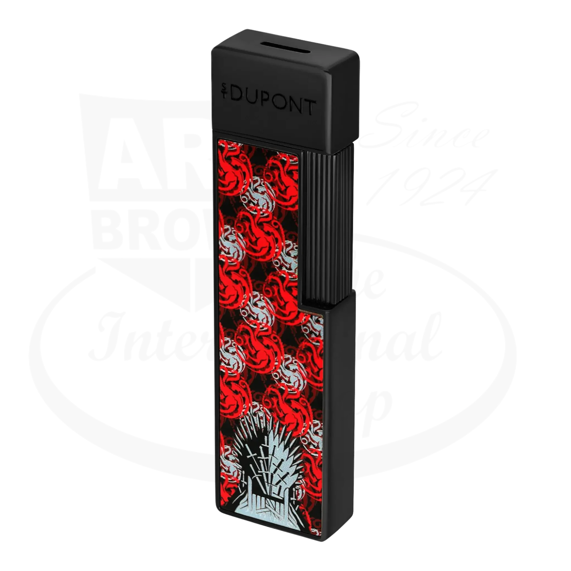 S.T. Dupont x Game of Thrones Twiggy torch lighter with red and white dragon motif, iron throne, and black finish, seen from an angle.