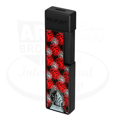 S.T. Dupont x Game of Thrones Twiggy torch lighter with red and white dragon motif, iron throne, and black finish, seen from an angle.