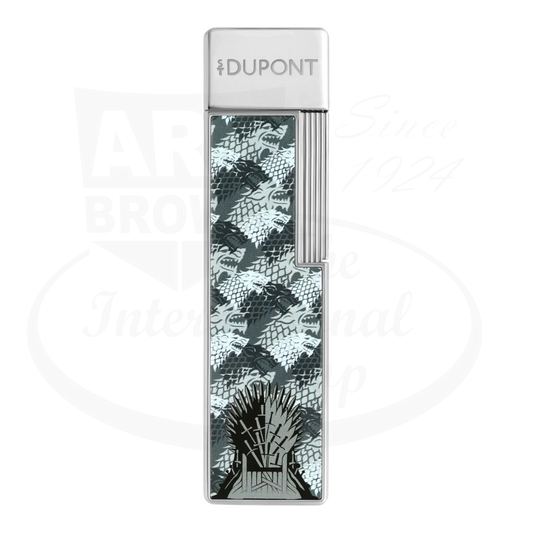 S.T. Dupont x Game of Thrones Twiggy torch lighter with grey and white wolf motif, iron throne, and silver finish, seen from the front.