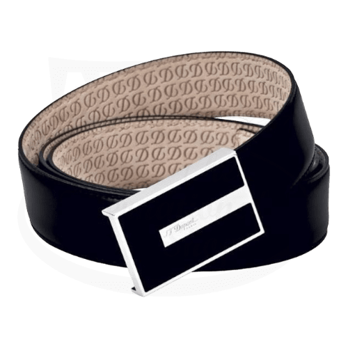 S.T. Dupont Line D Heritage 051185 black leather belt with palladium-finish rectangular buckle, lacquered finish, beige monogram interior lining