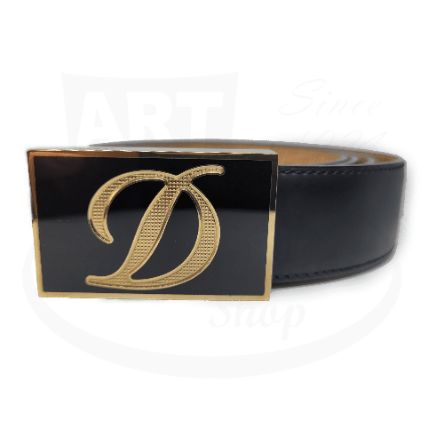 S.T. Dupont Line D Heritage 051210 leather belt with black Chinese lacquer buckle featuring gold-finish D logo on rectangular frame