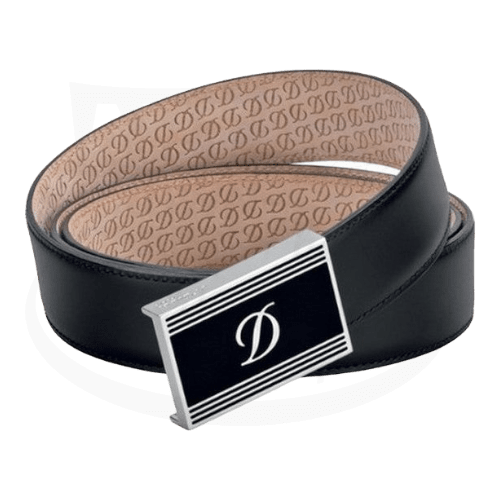 S.T. Dupont Line D Heritage 051229 black leather belt with palladium-plated rectangular buckle featuring lacquered D logo and signature pattern lining