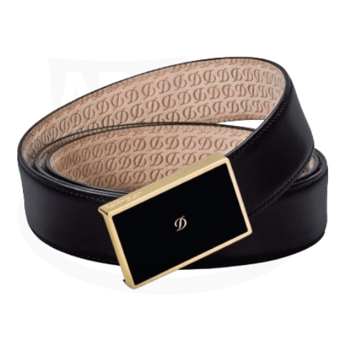 S.T. Dupont Line D 051231 black leather belt with gold-trimmed lacquer box buckle featuring D logo, reversible tan interior with embossed pattern