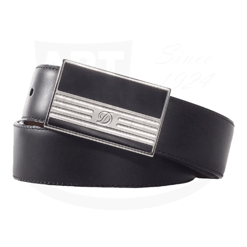 S.T. Dupont Line D Heritage 051241 black leather belt with palladium-finish rectangular buckle featuring black lacquer inlay and signature D emblem, 30mm width