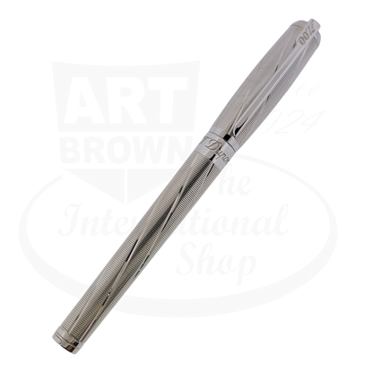 Full-length shot of the S.T. Dupont 007 Spectre Palladium fountain pen with its sleek, polished body and detailed grooves.