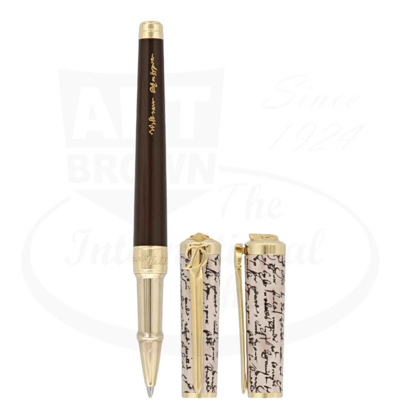 Limited edition S.T. Dupont william shakespeare sword rollerball pen with cap off, showing the front and side of the cap.