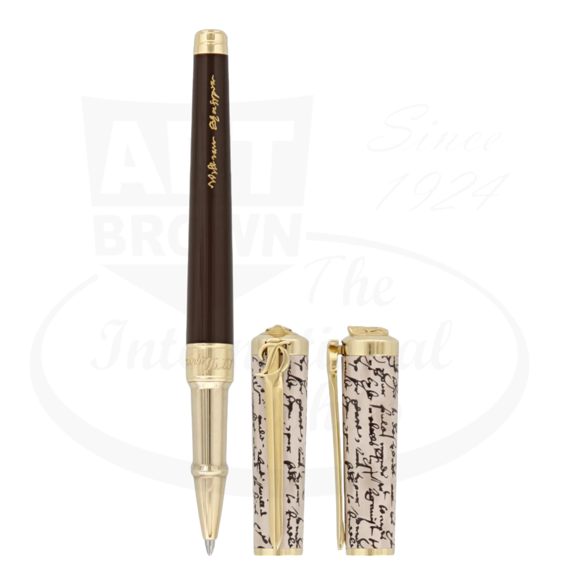 Limited edition S.T. Dupont william shakespeare sword rollerball pen with cap off, showing the front and side of the cap.