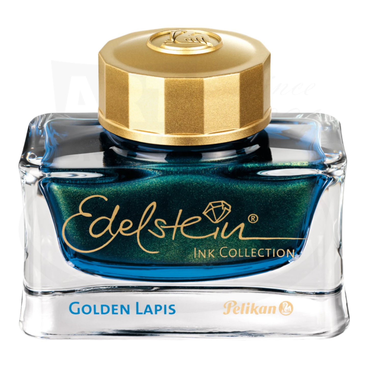 Pelikan Edelstein Golden Lapis ink bottle with gold cap.