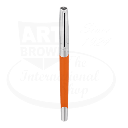 S.T. Dupont Defi Millennium 402737 brass rollerball pen featuring silver chrome trim and matte orange lacquer body with magnetic cap design