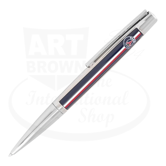 Limited edition S.T. Dupont Defi pen with Paris Saint-Germain team colors and logo, reflecting a sleek silver finish and exclusive design details, presented by Art Brown International.