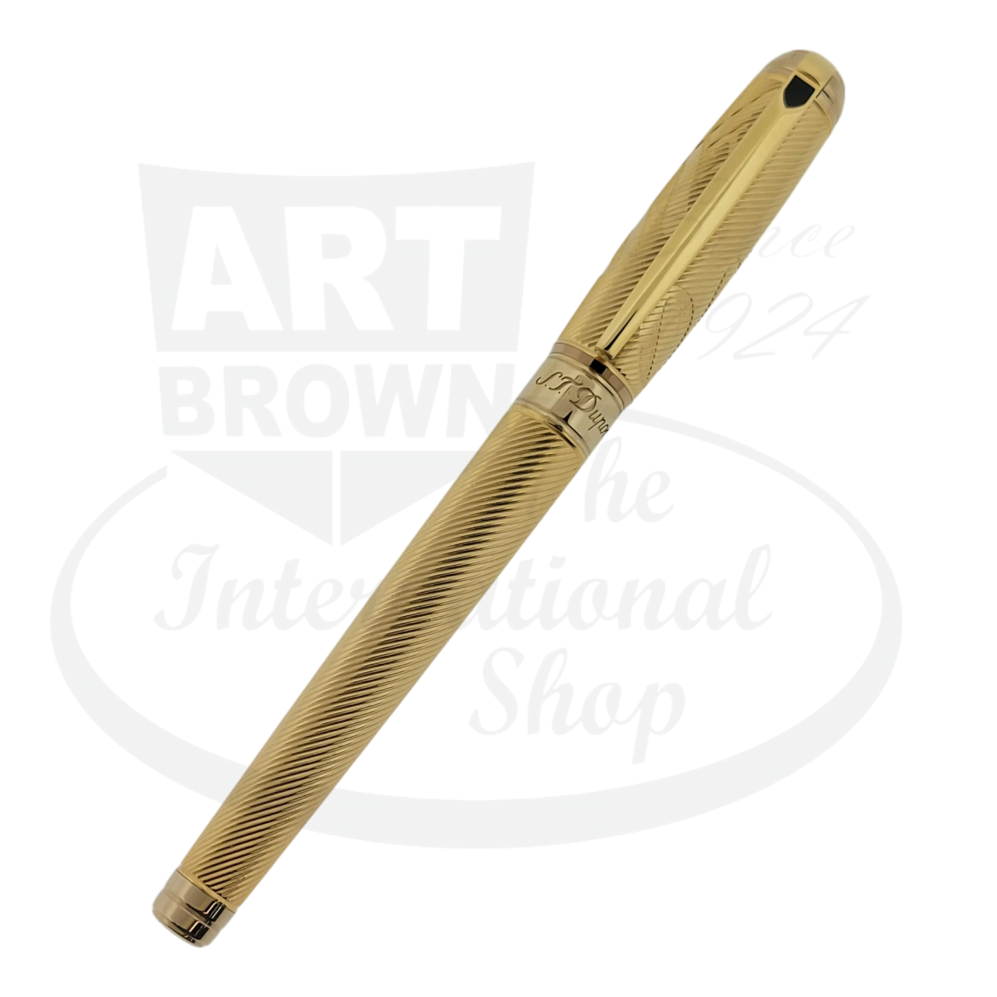 Full view of the S.T. Dupont 007 Fountain Pen in gold, featuring its iconic 007 engraved cap and the Dupont logo on the ring.