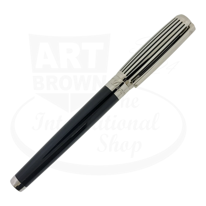 Capped S.T. Dupont Elysee fountain pen with black lacquer, palladium and hand laid palladium stripes on the cap. 