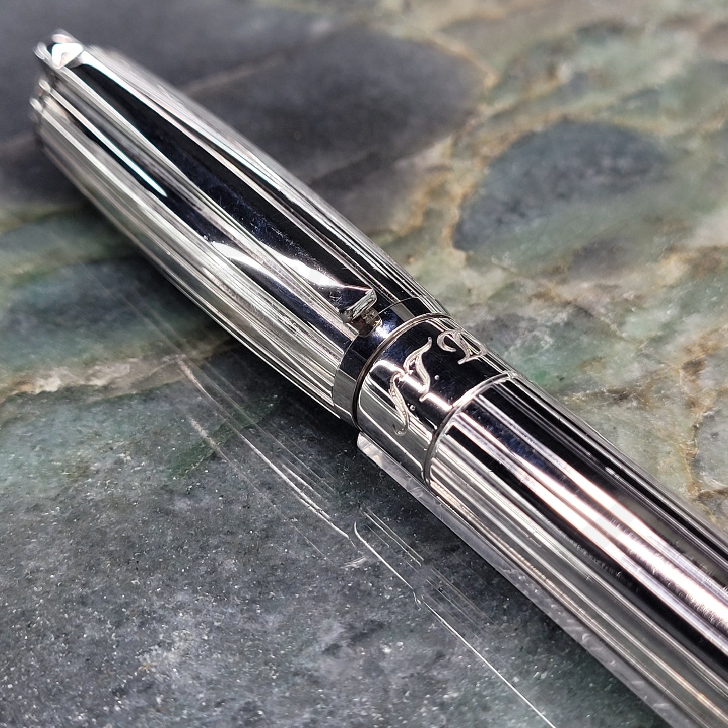 Preowned S.T. Dupont Elysee Goldsmith Palladium Vertical Lines Ballpoint Pen, 415600