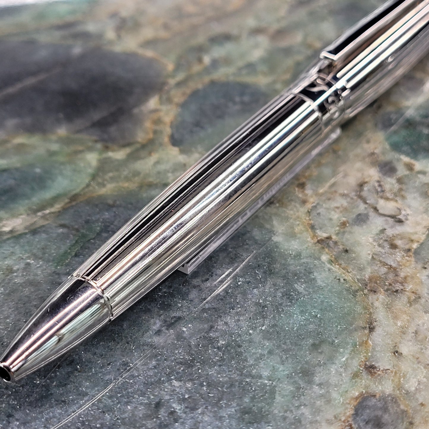 Preowned S.T. Dupont Elysee Goldsmith Palladium Vertical Lines Ballpoint Pen, 415600