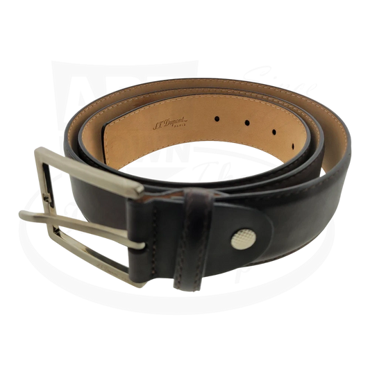 S.T. Dupont Palatine 7850000 brown calfskin leather belt with antique silver buckle, featuring hand-patina finish and classic pin closure