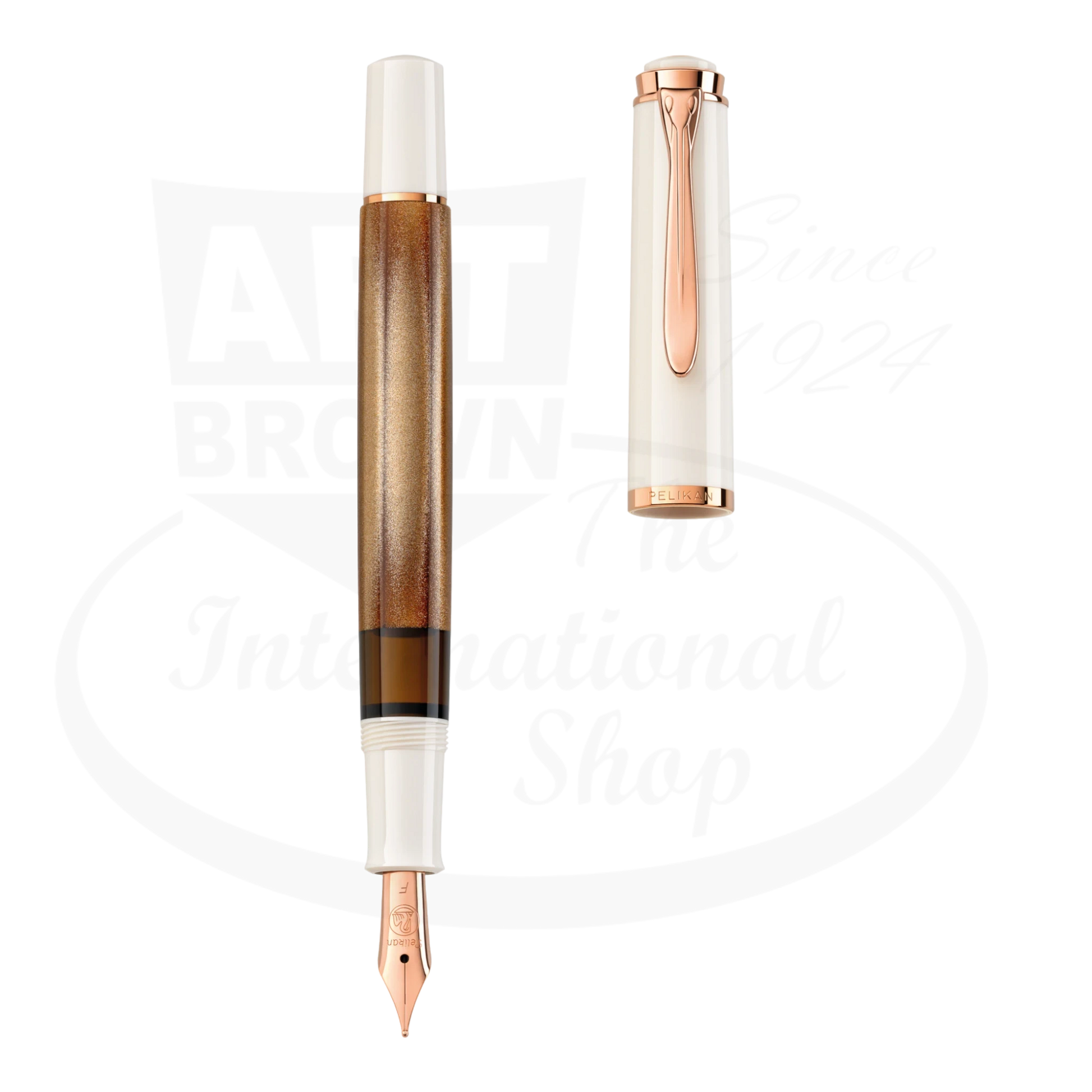 Pelikan M200 Copper Rose-Gold Fountain Pen with cap removed, displaying the elegant barrel.