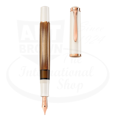 Pelikan M200 Copper Rose-Gold Fountain Pen with cap removed, displaying the elegant barrel.