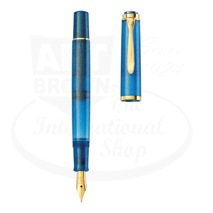 Pelikan M200 Golden Lapis fountain pen with gold-plated nib and cap, shown uncapped.