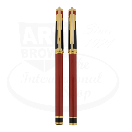 Pair of S.T. Dupont Art Deco Pens from the 1994 collection, with both the rollerball and fountain pens standing side by side.