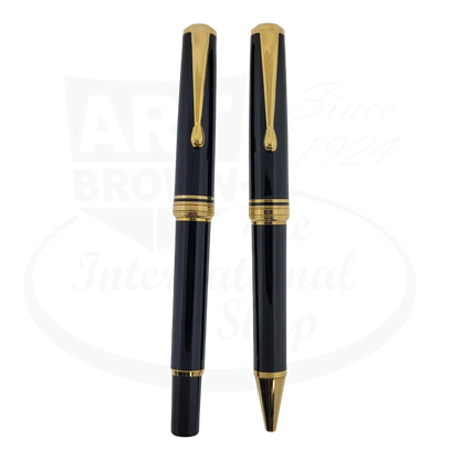 Unbranded refurbished fountain pen and ballpoint pen set in black resin with gold finish and 14 karat gold nib