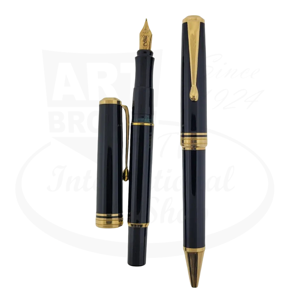 Unbranded refurbished fountain pen and ballpoint pen set in black resin with gold finish and 14 karat gold nib