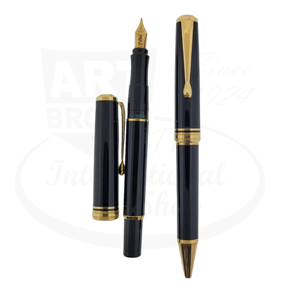 Unbranded refurbished fountain pen and ballpoint pen set in black resin with gold finish and 14 karat gold nib