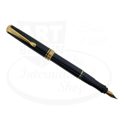 Unbranded refurbished fountain pen in black resin with gold finish and 14 karat gold nib