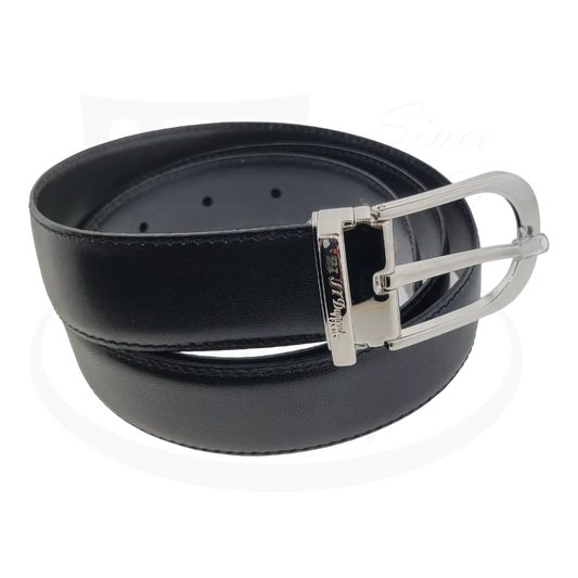 S.T. Dupont Black Line D Leather Belt with Round Palladium Buckle