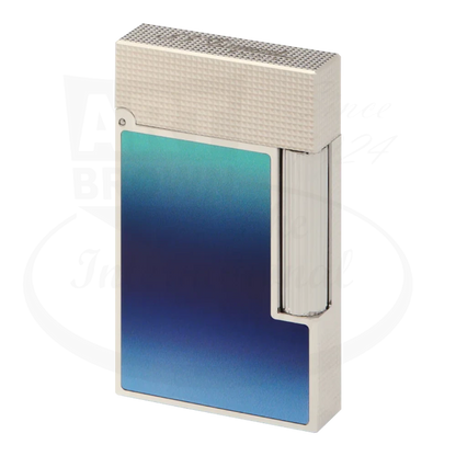 Close-up of the S.T. Dupont Ligne 2 La Mer Lighter, showcasing its textured pattern and engraved logo.