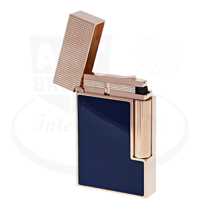 S.T. Dupont perfect ping line 2 lighter with blue lacquer and rose gold finish with the lid opened.